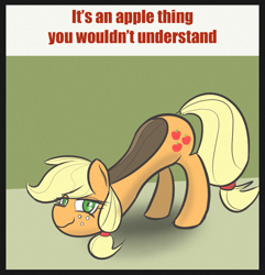 Size: 887x920 | Tagged: safe, artist:nignogs, applejack, earth pony, pony, colored, cursed image, cutie mark, face down ass up, horseshoes, inanimate tf, lidded eyes, looking at you, not salmon, shoe fetish, shoe pony, smiling, smirk, smug, solo, text, transformation, wat, wavy mouth, weird, what has science done, why