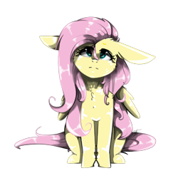 Size: 3000x3000 | Tagged: safe, artist:55xxglai-s-z-s-exx55, fluttershy, pegasus, pony, big ears, chest fluff, female, floppy ears, full face view, head tilt, lidded eyes, looking at you, looking up, mare, simple background, sitting, solo, stray strand, transparent background, wings