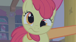 Size: 1280x720 | Tagged: safe, screencap, apple bloom, applejack, earth pony, pony, bridle gossip, derp, offscreen character, solo focus