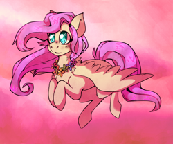 Size: 1200x1000 | Tagged: safe, artist:cinnamonsparx, fluttershy, pegasus, pony, blushing, female, flower necklace, hooves to the chest, mare, solo, spread wings, three quarter view, wings