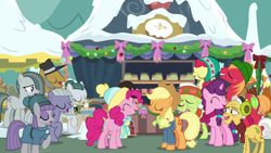 Size: 1280x720 | Tagged: safe, screencap, apple bloom, applejack, big macintosh, cloudy quartz, grand pear, granny smith, igneous rock pie, limestone pie, marble pie, maud pie, pinkie pie, sugar belle, earth pony, pony, unicorn, best gift ever, apple family, apple siblings, clothes, earmuffs, eyes closed, female, filly, foal, hat, jacket, male, mare, pie family, pie sisters, raised hoof, scarf, siblings, singing, sisters, snow, stallion