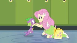 Size: 1920x1080 | Tagged: safe, screencap, fluttershy, spike, dog, equestria girls, equestria girls (movie), backpack, boots, clothes, female, lockers, male, out of context, paws, shoes, skirt, socks, spike the dog, spike's dog collar, tail