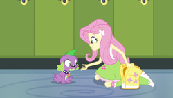 Size: 1920x1080 | Tagged: safe, screencap, fluttershy, spike, dog, equestria girls, equestria girls (movie), backpack, boots, clothes, dog treat, female, lockers, male, paws, shoes, sleeveless, smiling, spike the dog, spike's dog collar, tail, tanktop