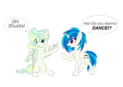 Size: 6614x4677 | Tagged: safe, artist:calena, derpibooru exclusive, dj pon-3, vapor trail, vinyl scratch, pegasus, pony, unicorn, cute, dialogue, shipping, shipping fuel, simple background, white background