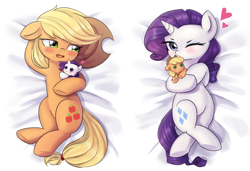 Size: 2000x1370 | Tagged: safe, artist:tcn1205, applejack, rarity, earth pony, pony, unicorn, blushing, body pillow, body pillow design, crossed hooves, crossed legs, cute, eyelashes, eyeshadow, female, floppy ears, freckles, hair tie, high res, horn, jackabetes, lesbian, looking at you, lying down, makeup, mare, one eye closed, open mouth, plushie, raribetes, rarijack, shipping, shy, wink