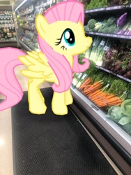 Size: 3024x4032 | Tagged: safe, photographer:undeadponysoldier, fluttershy, pegasus, pony, augmented reality, broccoli, cabbage, carrot, celery, female, food, gameloft, grocery store, herbivore, lowes foods, mare, vegetables