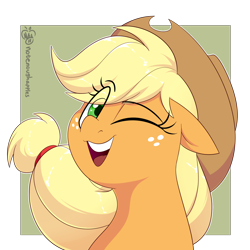 Size: 1600x1600 | Tagged: safe, artist:notenoughapples, applejack, earth pony, pony, bust, clothes, cowboy hat, cute, eye clipping through hair, female, floppy ears, green background, hat, jackabetes, looking at you, mare, one eye closed, simple background, smiling, solo, wink