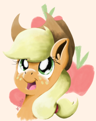 Size: 722x909 | Tagged: safe, artist:valemjj, applejack, earth pony, pony, applejack's hat, bust, cowboy hat, cutie mark background, female, hat, mare, open mouth, smiling, solo