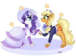 Size: 2280x1691 | Tagged: safe, artist:gissel00001, applejack, rarity, earth pony, pony, unicorn, alternate hairstyle, beautiful, blushing, clothes, crown, cute, cutie mark, daaaaaaaaaaaw, dress, ear piercing, earring, female, freckles, holding hooves, jackabetes, jacket, jewelry, lesbian, looking at each other, love, mare, marriage, missing accessory, piercing, pretty, raribetes, rarijack, regalia, shipping, sidemouth, simple background, wedding, wedding dress, white background