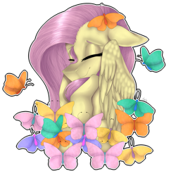 Size: 3043x3133 | Tagged: safe, artist:norrixcurral08, part of a set, fluttershy, butterfly, pegasus, pony, bust, cute, eyes closed, female, floppy ears, hooves to the chest, mare, outline, portrait, shyabetes, signature, simple background, smiling, solo, stray strand, three quarter view, transparent background, white outline