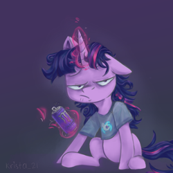 Size: 900x900 | Tagged: safe, artist:krista-21, dj pon-3, twilight sparkle, vinyl scratch, pony, can, energy drink, female, glowing horn, horn, magic, mare, messy mane, messy tail, monster energy, nightshirt, telekinesis, tired