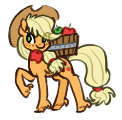 Size: 814x800 | Tagged: safe, artist:king-kakapo, applejack, earth pony, pony, apple, bucket, carrying, cowboy hat, cute, eye clipping through hair, female, food, freckles, hat, jackabetes, mare, mouth hold, raised hoof, sideways glance, simple background, sketch, solo, unshorn fetlocks, white background