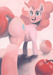 Size: 3508x4960 | Tagged: safe, artist:toisanemoif, pinkie pie, earth pony, pony, balloonbutt, butt, cherry, female, food, looking at you, looking back, looking back at you, mare, open mouth, plot, simple background, solo, strawberry, teeth