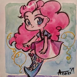 Size: 640x640 | Tagged: safe, artist:agnesgarbowska, pinkie pie, equestria girls, abstract background, balloon, blush sticker, blushing, boots, chibi, clothes, cute, diapinkes, female, looking at you, marker drawing, shoes, signature, skirt, smiling, solo, traditional art, watercolor painting