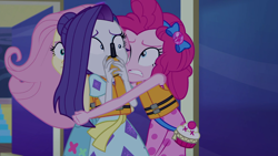 Size: 1920x1080 | Tagged: safe, screencap, fluttershy, pinkie pie, rarity, better together, equestria girls, spring breakdown, hug, lifejacket, you imbeciles! you've doomed us all!