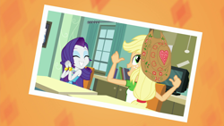 Size: 1920x1080 | Tagged: safe, screencap, applejack, rarity, better together, equestria girls, forgotten friendship, hat, heart, photo, shipping fuel