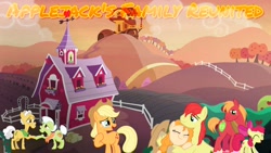 Size: 2048x1152 | Tagged: safe, editor:huntercwalls, apple bloom, applejack, big macintosh, bright mac, grand pear, granny smith, pear butter, earth pony, pony, the perfect pear, apple siblings, apple sisters, brightbutter, brother and sister, fanfic, fanfic art, fanfic cover, father and child, father and daughter, father and son, father and son-in-law, female, grandfather and grandchild, grandfather and granddaughter, grandfather and grandson, grandmother and grandchild, grandmother and granddaughter, grandmother and grandson, happy, heartwarming, male, mother and child, mother and daughter, mother and daughter-in-law, mother and son, parent and child, reunion, shipping, siblings, sisters, straight, sweet apple acres