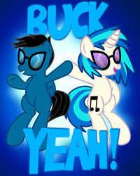 Size: 2803x3504 | Tagged: safe, artist:agkandphotomaker2000, dj pon-3, vinyl scratch, oc, oc:pony video maker, pegasus, pony, unicorn, buck, canon x oc, hoofbump, show accurate, swearing, videoscratch, vinyl's glasses, vulgar