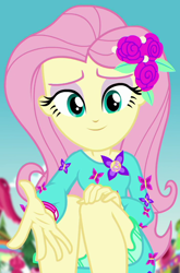 Size: 700x1060 | Tagged: safe, screencap, fluttershy, better together, choose your own ending, equestria girls, lost and pound, cropped, cute, female, flower, flower in hair, geode of fauna, hand, legs, lidded eyes, magical geodes, reaching out, shyabetes