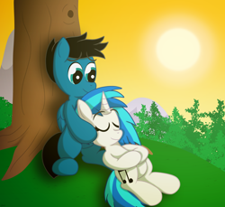 Size: 3600x3300 | Tagged: safe, artist:agkandphotomaker2000, dj pon-3, vinyl scratch, oc, oc:pony video maker, pegasus, pony, unicorn, canon x oc, evening, forest, head on belly, hill, holding head, mountain, resting, sleeping, sunset, tree, videoscratch