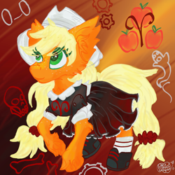 Size: 1024x1024 | Tagged: safe, artist:pumpkin-somethin-art, applejack, applejack wants her hat back, aradia megido, clothes, fedora, hat, homestuck, pony cosplaying homestuck, unshorn fetlocks, wrong hat