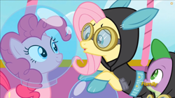 Size: 882x496 | Tagged: safe, screencap, fluttershy, pinkie pie, spike, dragon, earth pony, pegasus, pony, sparkle's seven, bunny ears, cloak, clothes, costume, dangerous mission outfit, discovery family logo, fish bowl, goggles, hood, hoodie