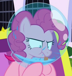 Size: 1000x1053 | Tagged: safe, screencap, pinkie pie, pony, sparkle's seven, canterlot, canterlot castle, cropped, drool, fish bowl, solo, spit, tongue out, water