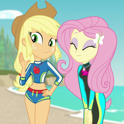 Size: 930x930 | Tagged: safe, screencap, applejack, fluttershy, better together, equestria girls, forgotten friendship, adorasexy, belly button, clothes, cropped, cute, duo, eyes closed, geode of fauna, geode of super strength, magical geodes, pose, sexy, shyabetes, smiling, swimsuit, wetsuit