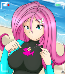 Size: 4000x4500 | Tagged: safe, artist:caoscore, fluttershy, human, equestria girls, beach, breasts, camcorder, camera, cute, female, geode of fauna, hootershy, magical geodes, shyabetes, solo, wetsuit