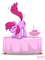 Size: 749x1000 | Tagged: safe, artist:mysticalpha, berry punch, berryshine, earth pony, pony, ass up, berrybetes, bowl, cute, dancing, drunk, eyes closed, female, mare, punch bowl, solo, table, table dancing, tail wag