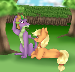 Size: 3616x3472 | Tagged: safe, artist:dreamcloudadopts, applejack, spike, dragon, earth pony, pony, accessory swap, applespike, art trade, blushing, cute, female, high res, looking at each other, male, missing cutie mark, older, older spike, one eye closed, prone, shipping, smiling, straight, tree, wink