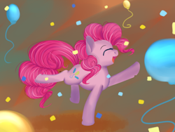 Size: 1024x768 | Tagged: safe, artist:chibimlp-lover, pinkie pie, earth pony, pony, balloon, confetti, cute, diapinkes, female, mare, open mouth, profile, solo