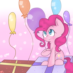 Size: 1000x1000 | Tagged: safe, artist:windymils, pinkie pie, earth pony, pony, balloon, blushing, cute, diapinkes, female, gradient background, heart, mare, neck fluff, present, sitting, solo