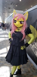 Size: 1960x4032 | Tagged: safe, artist:bramble bunny, fluttershy, anthro, bat pony, human, bat ponified, boots, bronycon, bronycon 2019, clothes, cosplay, costume, fishnet stockings, flutterbat, high heel boots, irl, irl human, photo, race swap, shoes