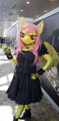 Size: 1960x4032 | Tagged: safe, artist:bramble bunny, fluttershy, anthro, bat pony, human, bat ponified, boots, bronycon, bronycon 2019, clothes, cosplay, costume, fishnet stockings, flutterbat, high heel boots, irl, irl human, kigurumi, photo, race swap, shoes