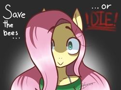 Size: 706x522 | Tagged: safe, artist:kaywhitt, fluttershy, anthro, bee, pegasus, female, gradient background, save the bees, scary, solo, stare