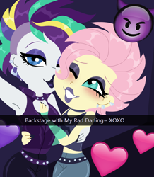 Size: 888x1020 | Tagged: safe, artist:purfectprincessgirl, fluttershy, rarity, better together, equestria girls, the road less scheduled, the road less scheduled: fluttershy, alternate hairstyle, armpits, choker, clothes, darling, eyeshadow, female, flarity, flutterpunk, heart, lesbian, lipstick, makeup, midriff, one eye closed, punk, purple lipstick, raripunk, selfie, shipping, smiling, snapchat, spiked choker, tanktop