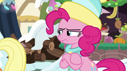 Size: 1280x720 | Tagged: safe, screencap, applejack, pinkie pie, earth pony, pony, best gift ever, clothes, crossed hooves, disappointed, frown, pinkie pie is not amused, scarf, snow, unamused