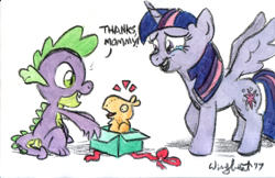 Size: 2543x1650 | Tagged: safe, artist:wingbeatpony, peewee, spike, twilight sparkle, twilight sparkle (alicorn), alicorn, dragon, crying, cute, mama twilight, peeweebetes, plushie, present, simple background, spikabetes, spikelove, tears of joy, traditional art, twiabetes, watercolor painting, white background