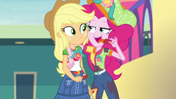 Size: 1920x1080 | Tagged: safe, screencap, applejack, pinkie pie, better together, equestria girls, rollercoaster of friendship, candy, food, fun inspector, fun inspector pinkie, pizza