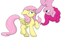 Size: 3632x2204 | Tagged: safe, artist:ljdamz1119, fluttershy, pinkie pie, earth pony, pegasus, pony, boop, cute, diapinkes, duo, female, in which pinkie pie forgets how to gravity, mare, pinkie being pinkie, pinkie physics, raised hoof, shyabetes, simple background, transparent background, upside down