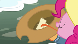 Size: 1280x720 | Tagged: safe, screencap, applejack, pinkie pie, earth pony, pony, best gift ever, applejack's hat, cowboy hat, hat, illuminati confirmed, pinkie being pinkie, prehensile tongue, tongue out, yoshi