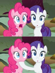 Size: 1093x1436 | Tagged: safe, screencap, pinkie pie, rarity, pony, unicorn, putting your hoof down, closing, jaw drop