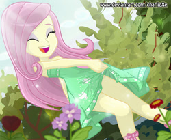 Size: 785x644 | Tagged: safe, artist:charliexe, fluttershy, better together, equestria girls, street chic, :d, adorasexy, beautiful, beautisexy, clothes, crepuscular rays, cute, daaaaaaaaaaaw, dress, eyes closed, eyeshadow, female, legs, makeup, schrödinger's pantsu, sexy, shyabetes, sleeveless, solo, thighs