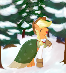 Size: 1381x1531 | Tagged: safe, artist:dyonys, applejack, spirit of hearth's warming past, earth pony, pony, braid, clothes, dress, eyes closed, female, forest, hat, hearth's warming eve, mare, singing, winter