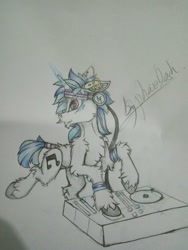 Size: 1080x1440 | Tagged: safe, artist:creature.exist, dj pon-3, vinyl scratch, pony, unicorn, fluffy, solo, traditional art, turntable