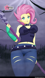Size: 750x1291 | Tagged: safe, artist:clouddg, fluttershy, better together, choose your own ending, equestria girls, the road less scheduled, the road less scheduled: fluttershy, belly button, big breasts, breasts, choker, clothes, crystal skull staff, ear piercing, earring, female, flutterpunk, goth, hips, hootershy, jewelry, midriff, pants, piercing, sexy, solo, spiked choker, tanktop