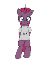 Size: 2745x3680 | Tagged: safe, tempest shadow, pony, unicorn, my little pony: the movie, arm behind back, artificial horn, augmented, bipedal, clothes, colored sketch, h+, prosthetic horn, prosthetics, shirt, simple background, sketch, t-shirt, tempest gets her horn back, transhumanism, white background
