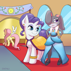 Size: 1000x1000 | Tagged: safe, artist:empyu, angel bunny, fluttershy, rarity, pegasus, pony, unicorn, clothes, crossover, dress, female, judy hopps, male, mare, smiling, zootopia