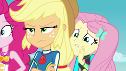 Size: 1920x1080 | Tagged: safe, screencap, applejack, fluttershy, pinkie pie, equestria girls, equestria girls series, forgotten friendship, clothes, female, geode of fauna, geode of sugar bombs, geode of super strength, magical geodes, sleeveless